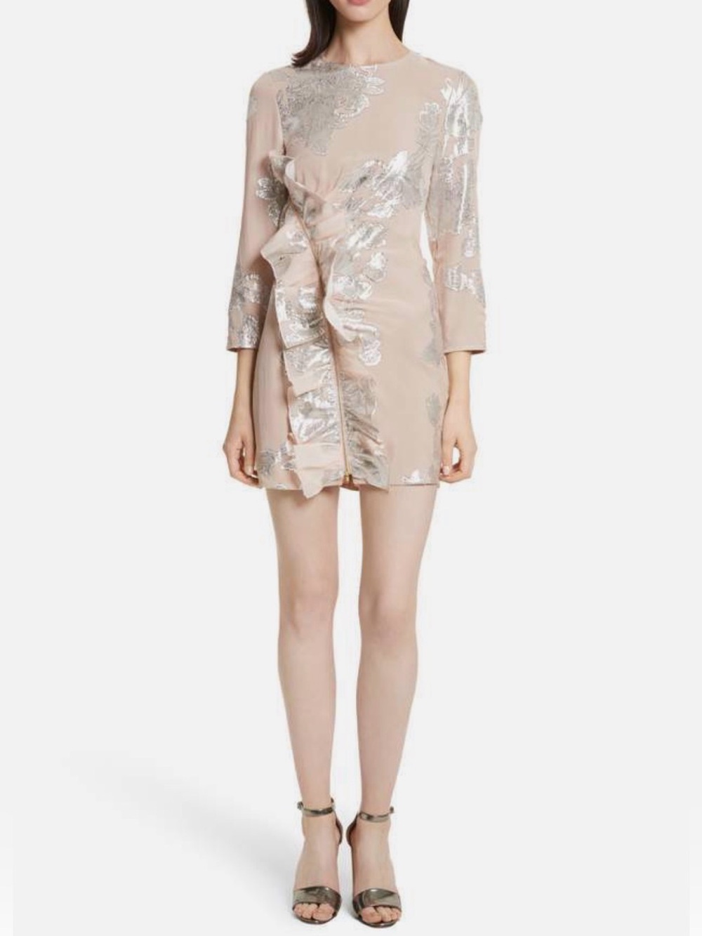 SELF PORTRAIT Metallic Fil Coupe Ruffle Minidress in Blush Pink Size S